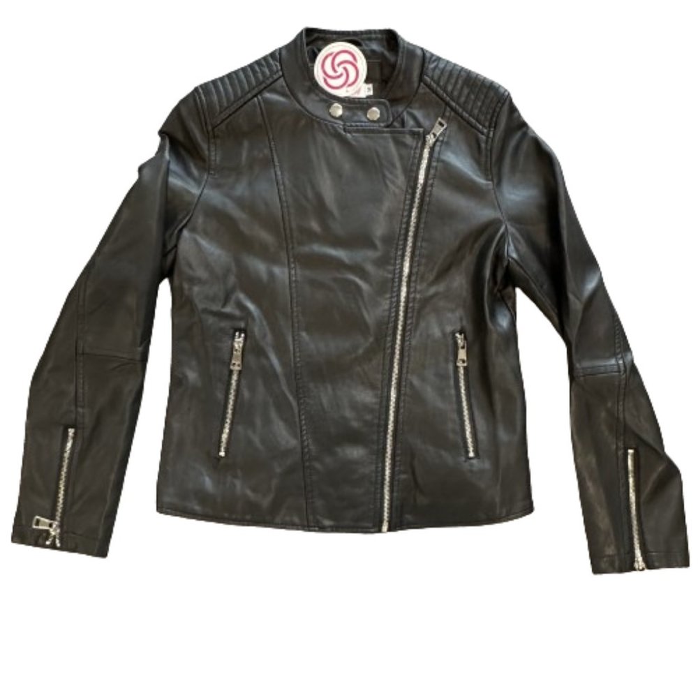 NWT Azz Trading Black Faux Leather Jacket Women M Motorcycle Racing Style